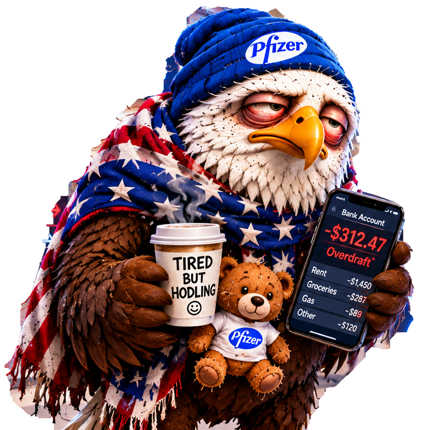 The original PFEAGLE in his blue Pfizer hat, with his coffee, phone and teddy bear